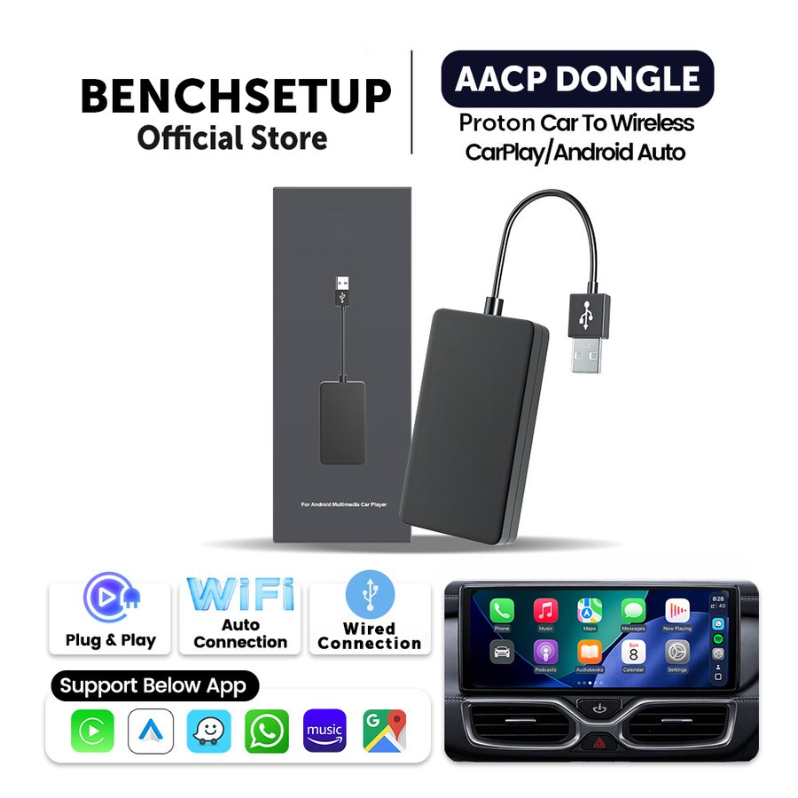 BenchSetup AACP Dongle packaging, plug-and-play wireless CarPlay and Android Auto