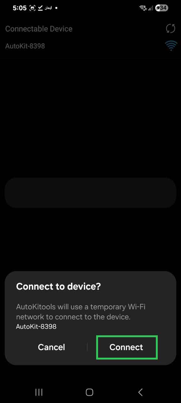 AutoKitools connection screen with Connect button highlighted
