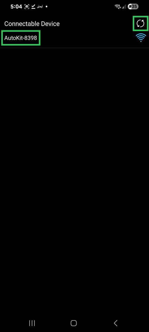 AutoKitools app showing AutoKit-8398 listed under Connectable Device, with refresh icon highlighted
