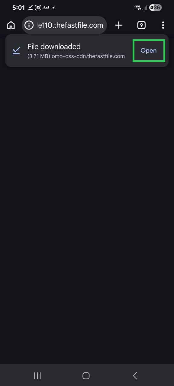 Chrome download complete notification with Open button highlighted