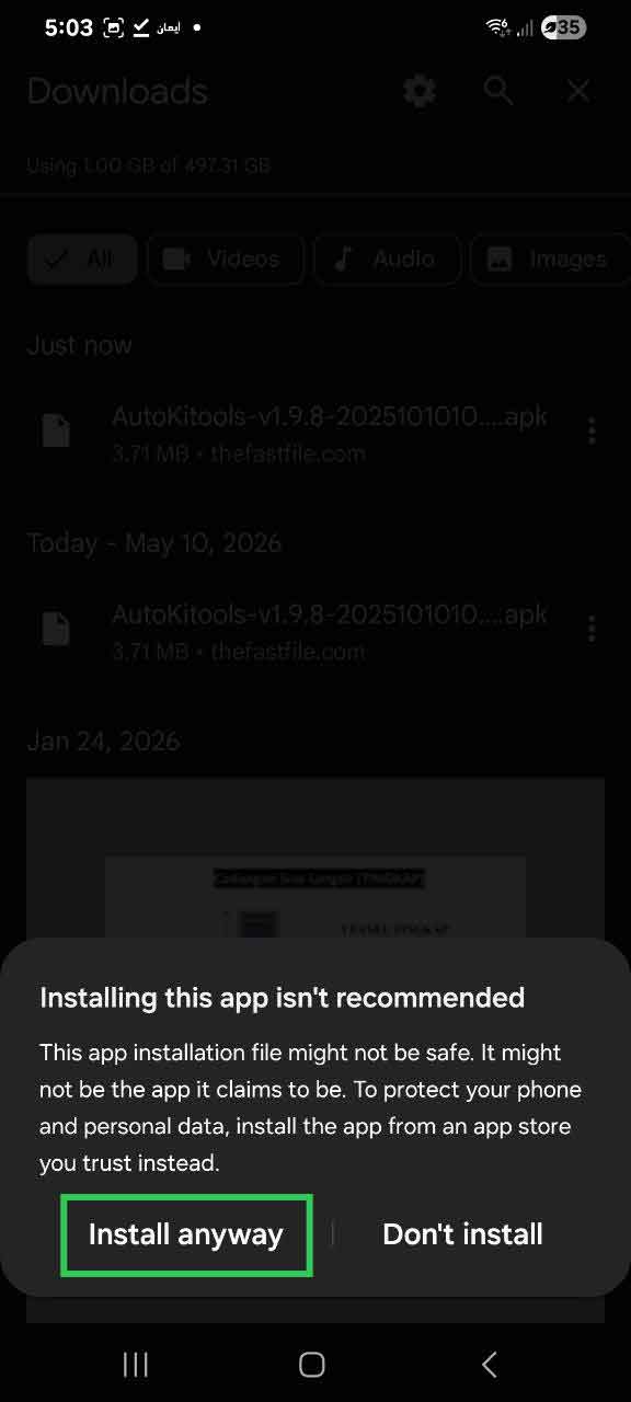 Android security warning dialog with Install Anyway button highlighted
