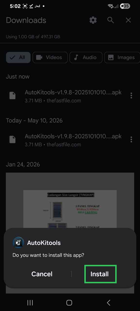 Android APK installer screen for AutoKitools with Install button highlighted