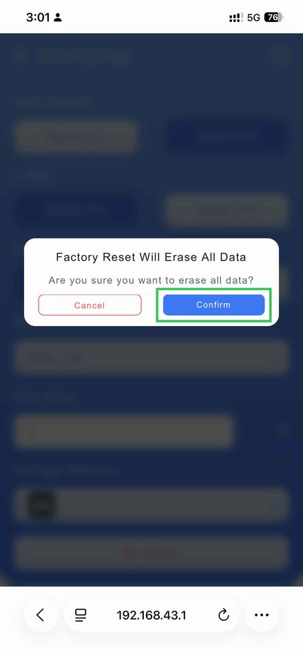 Factory reset confirmation dialog with the Confirm button highlighted