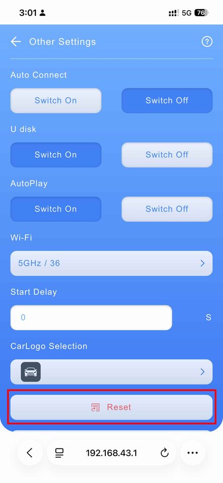 Other Settings page showing the Reset button highlighted in red at the bottom