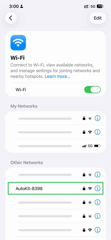 iPhone Wi-Fi settings showing AutoKit-8398 under Other Networks