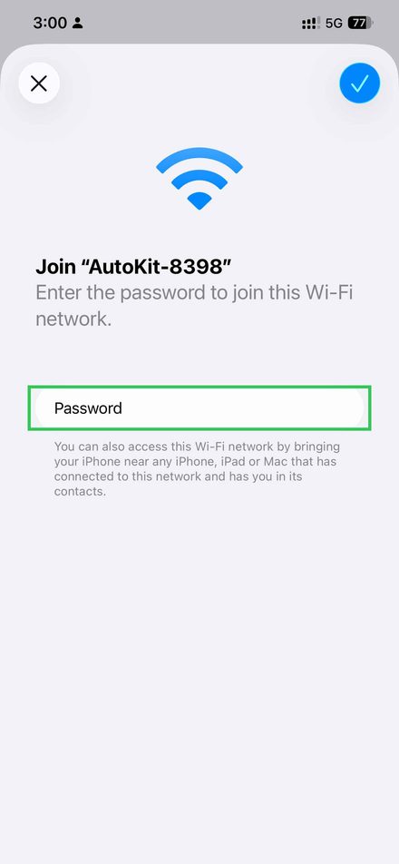 iPhone Wi-Fi password prompt for the AutoKit network