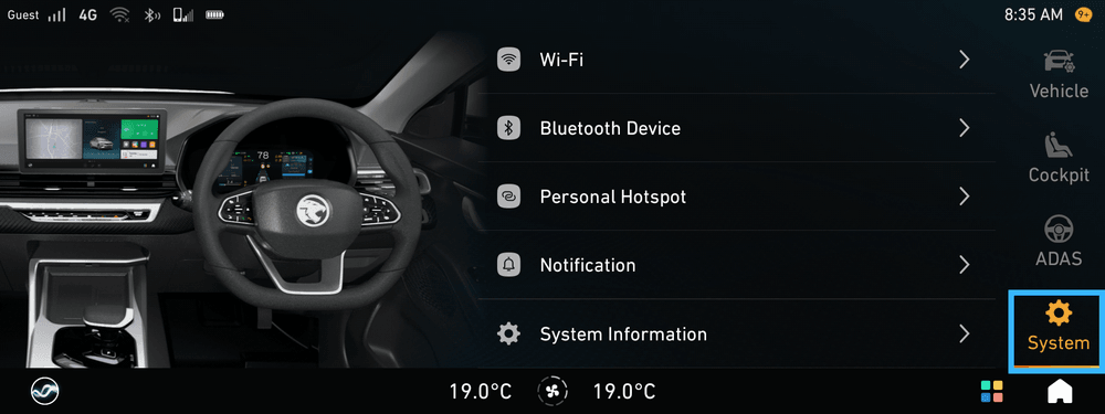 Proton IHU Settings menu, select System