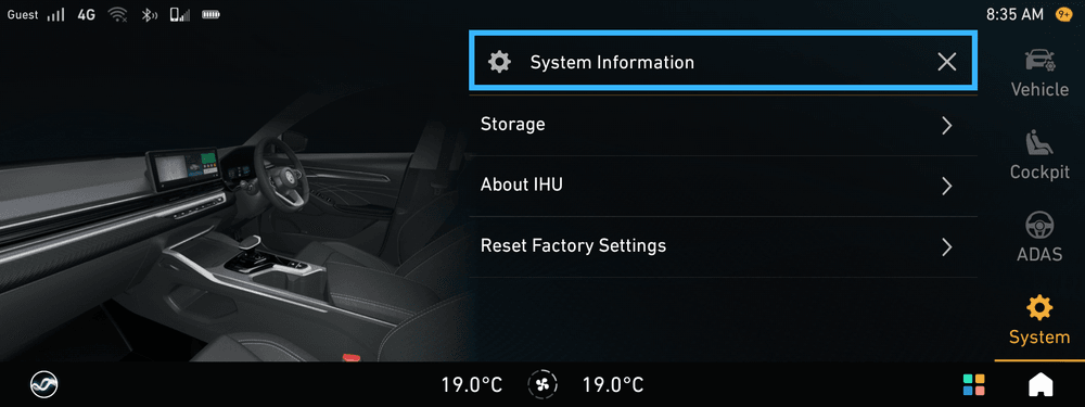 Proton IHU System menu, tap System Information