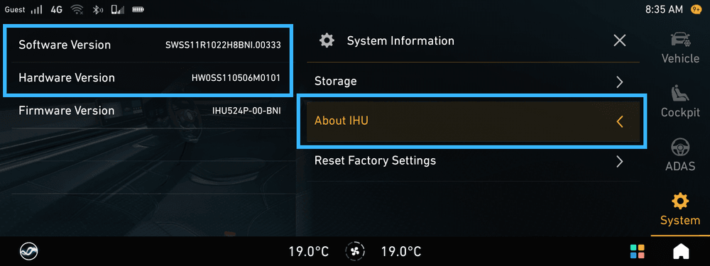 Proton IHU About IHU page showing Software Version and Hardware Version